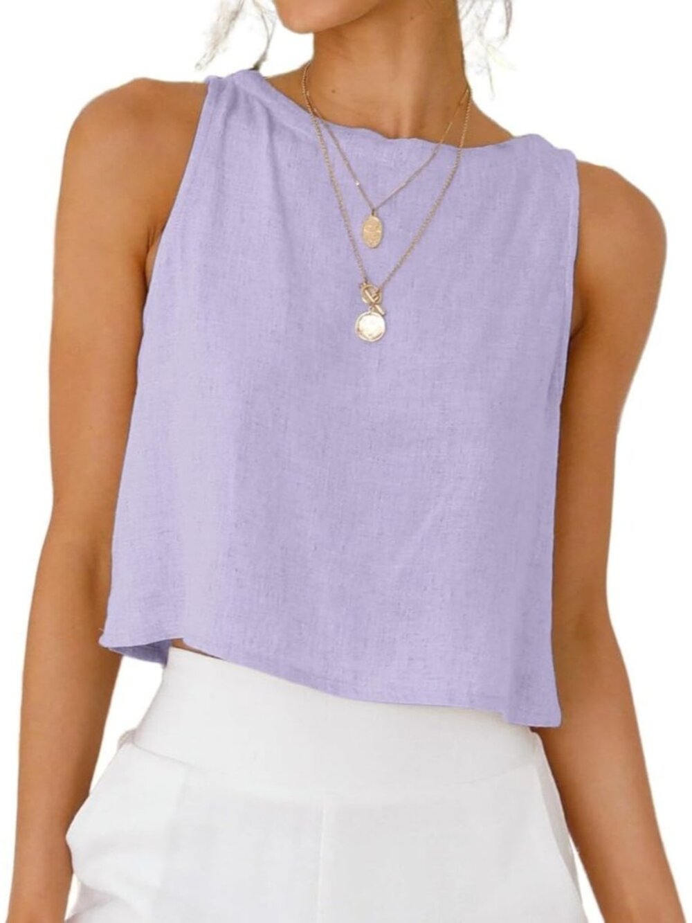 Women's Light Purple Button Linen Summer Beach Sleeveless Imported Tank Top